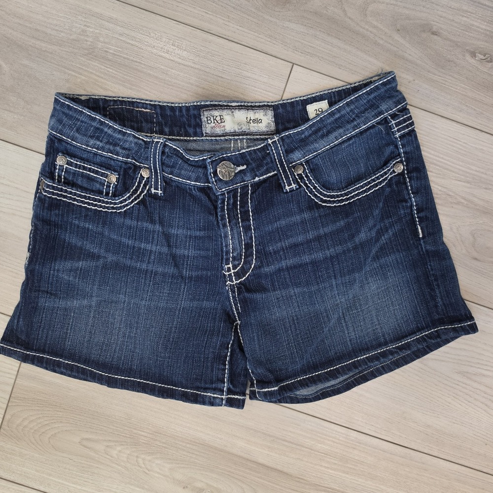 Bke Denim Sz 29 Women Dark Wash Stella Jean Shorts Stitching Rhinestones EUC